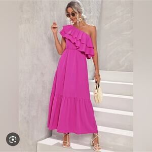Fuchsia One Shoulder Ruffle Maxi Dress M – Summer Wedding Guest, Resort Chic